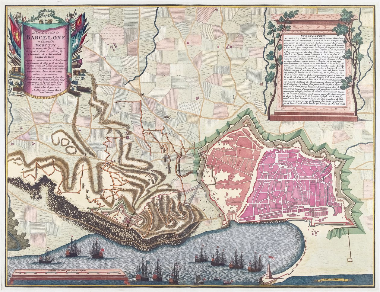 Mapa do cerco de Barcelona em abril de 1706 (litografia a cores) de English School