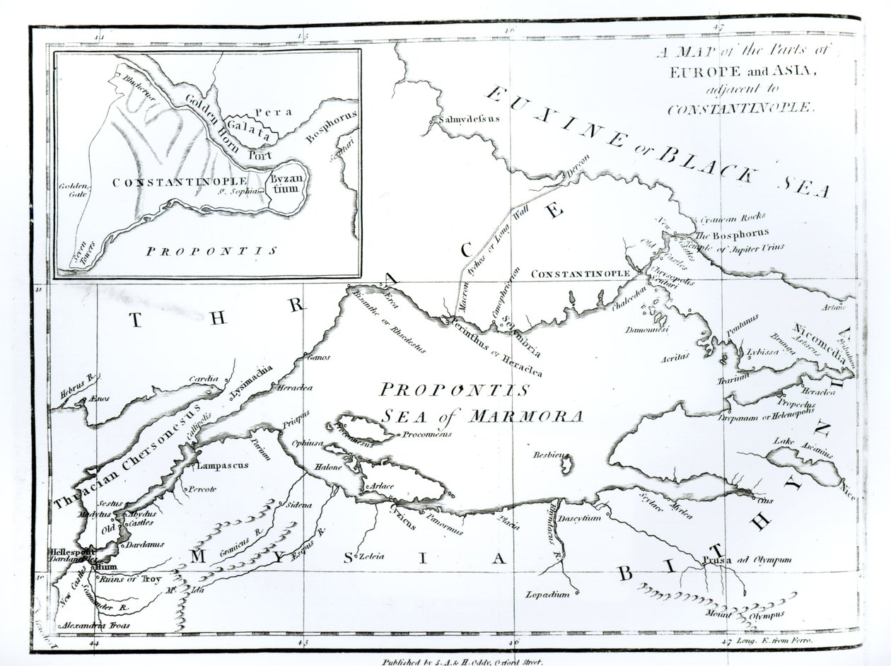 Mapa das partes da Europa e da Ásia adjacentes a Constantinopla, de "A História do Declínio e Queda do Império Romano" Vol. 9, por Edward Gibbon, 1808 de English School