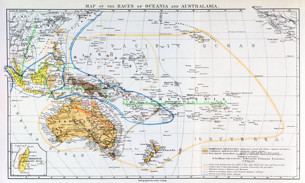Mapa das raças da Oceania e Australásia, de &39;A História da Humanidade&39;, Vol. 1, do Prof. Friedrich Ratzel, 1896 de English School
