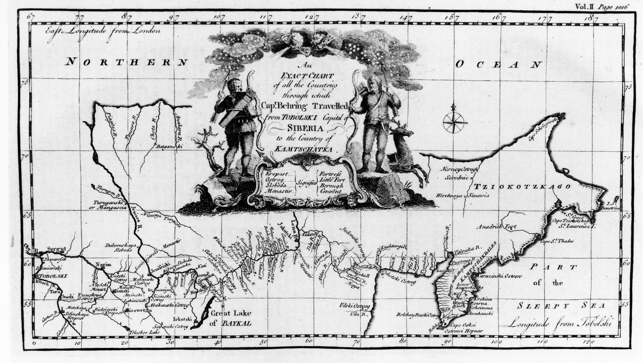 Mapa da rota percorrida por Vitus Bering (1681-1741) pela Sibéria até Kamchatka, do Navigantium atque Itinerantium Bibliotheca, publicada em 1744 de English School