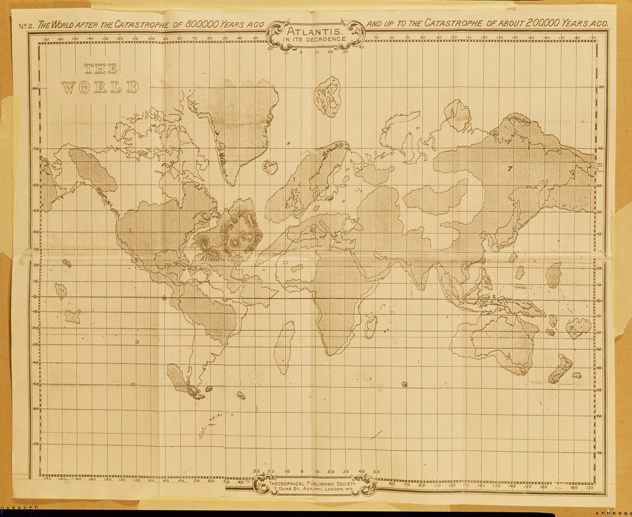 Mapa do mundo, &39;Atlantis in its Decadence&39;, publicado pela Theosophical Publishing Company (lito) de English School