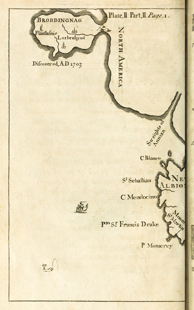 Mapa mostrando a localização de Brobdingnag da primeira edição de Viagens para Várias Nações Remotas do Mundo, melhor conhecida como Gullivers Travels por Jonathan Swift de English School