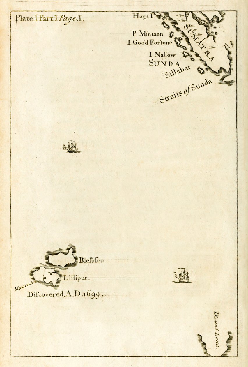 Mapa mostrando a localização de Lilliput da primeira edição de Viagens para Várias Nações Remotas do Mundo, melhor conhecida como Gullivers Travels por Jonathan Swift de English School