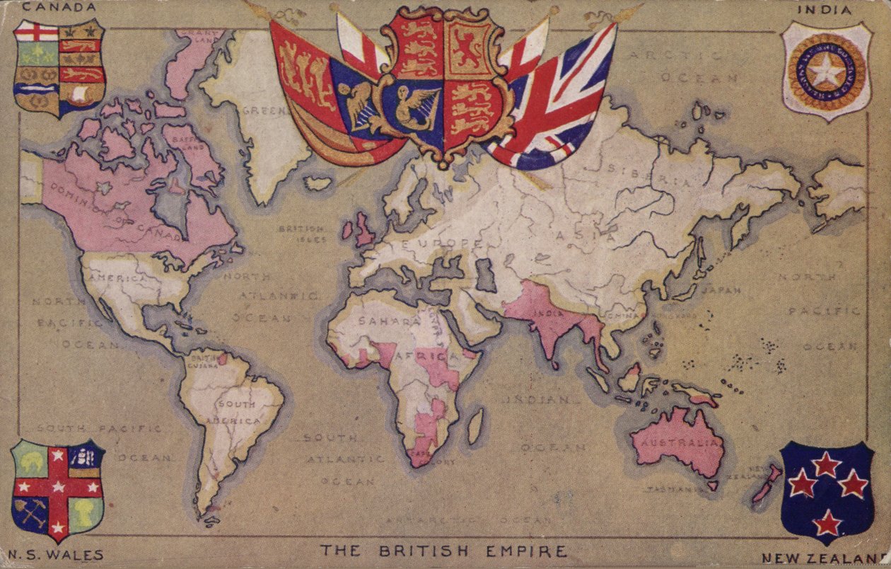 Mapa do Império Britânico com bandeiras e brasões de armas (litografia a cores) de English School