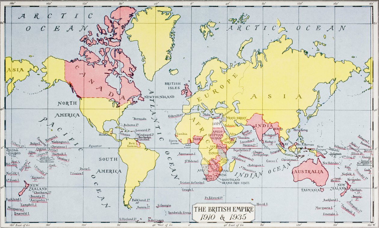 Mapa mostrando o império do Rei, em vermelho, em 1910 e 1935, do 