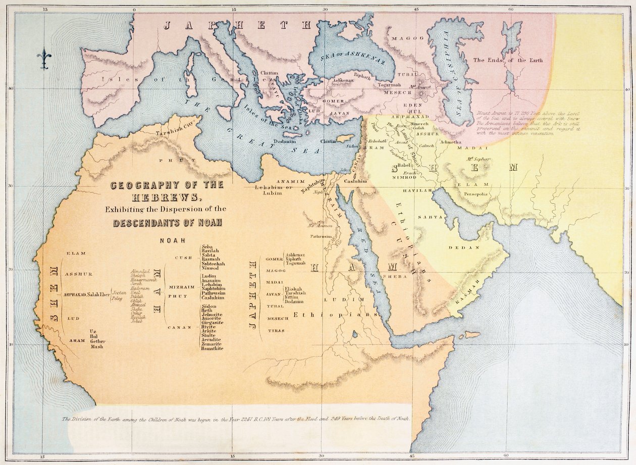 Mapa mostrando a geografia dos hebreus e exibindo a dispersão dos descendentes de Noé de English School