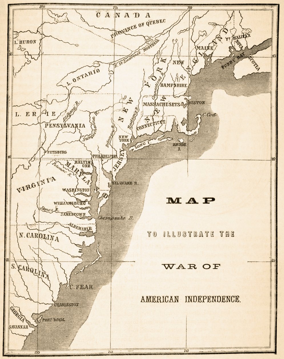 Mapa para ilustrar a Guerra da Independência Americana, de "A História Nacional e Nacional da Inglaterra" por William Hickman Smith Aubrey (1858-1916) publicou Londres, c.1890 de English School