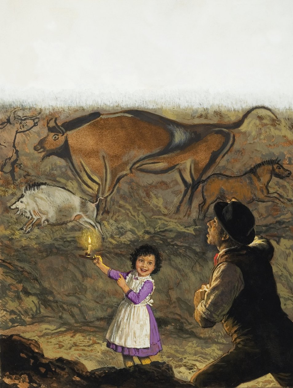 Marcelino Sanz de Sautuola (1831-88) e sua filha Maria descobrem as pinturas rupestres de Altamira (guache sobre papel) de English School