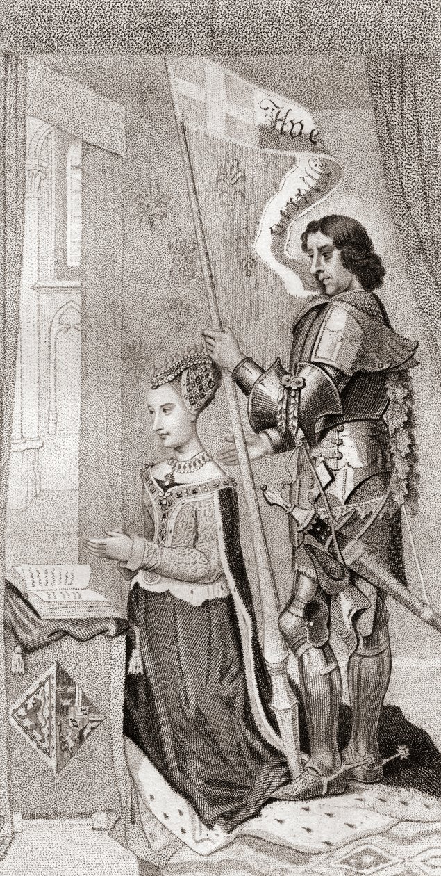 Margaret da Dinamarca com St. Canute, padroeira da Dinamarca, atrás dela segurando uma faixa mostrando a cruz das cruzadas. Margaret da Dinamarca de English School