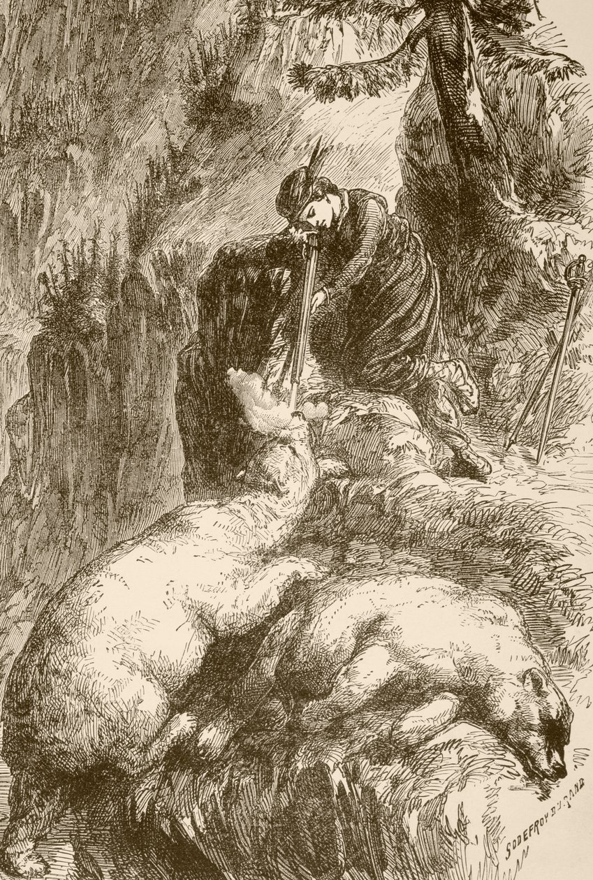 Marguerite de Roberval mata dois ursos na Ilha dos Demónios, ao largo da Terra Nova (litografia) de English School