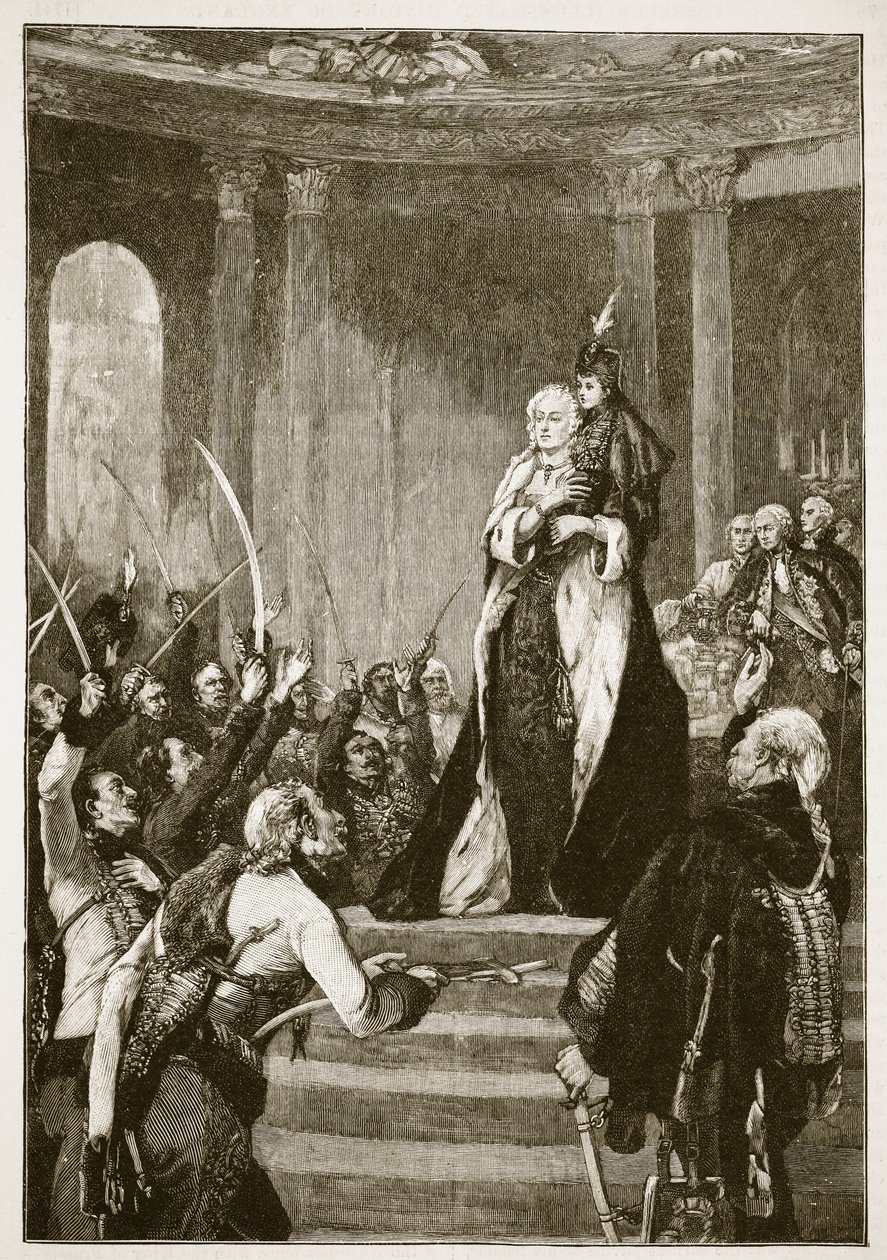 Maria Teresa e o Parlamento húngaro, ilustração da história ilustrada de Cassells da Inglaterra (foto sépia) de English School