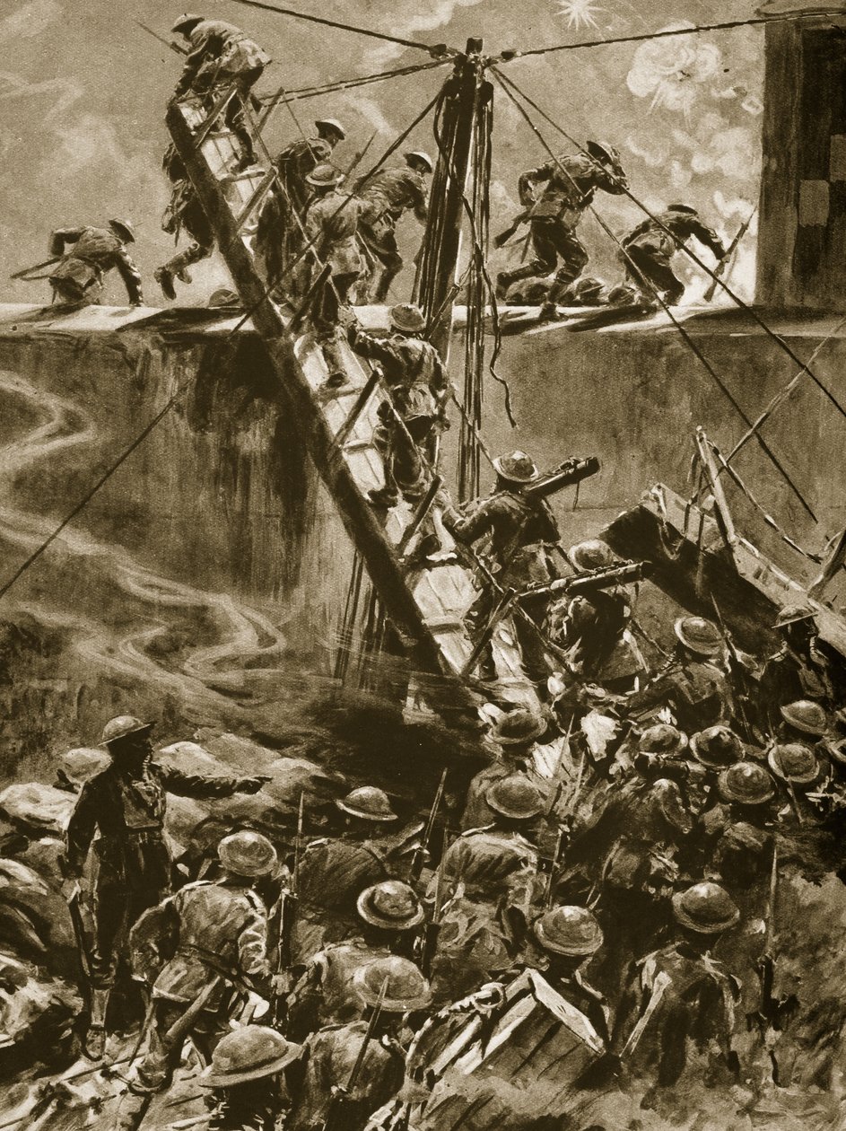 Fuzileiros navais e casacos azuis saltando nos corredores do HMS Vindictive, 1914-19 de English School