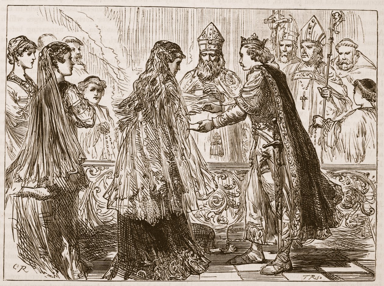Casamento de Henrique I e Matilda, ilustração da História Ilustrada de Cassells da Inglaterra (foto em sépia) de English School
