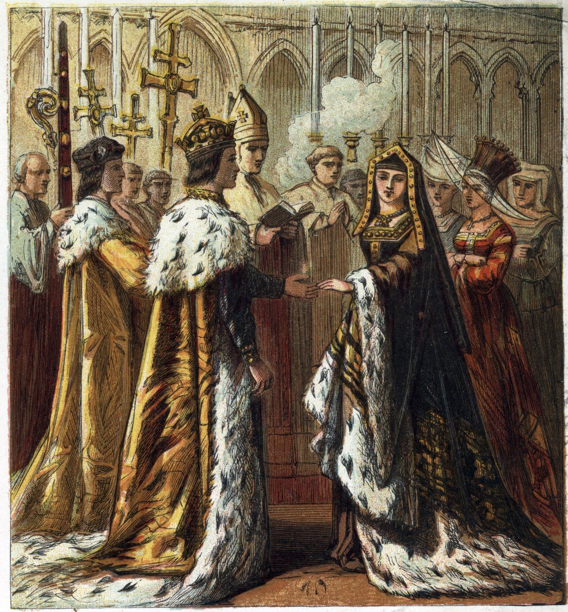 Casamento de Henrique VII, Rei da Inglaterra (1457-1509) com Isabel de York (1466-1503), em 18 de janeiro de 1486. Casamento de Henrique VII e Elizabeth de York. cromolitografia em "Pictures of English History" publicado por George Routledge & Sons.1890. P de English School