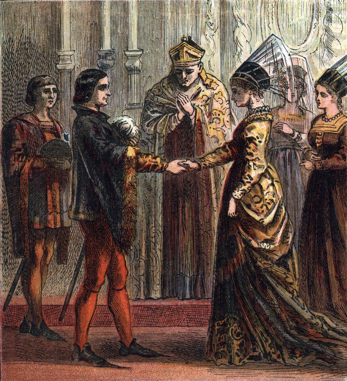Casamento do Rei Henrique V da Inglaterra (1387-1422) com Catarina de Valois (1401-1437) em 1420. "Casamento de Henrique V", 1420. Henrique se casou com Catarina, filha de O Rei da França. de English School