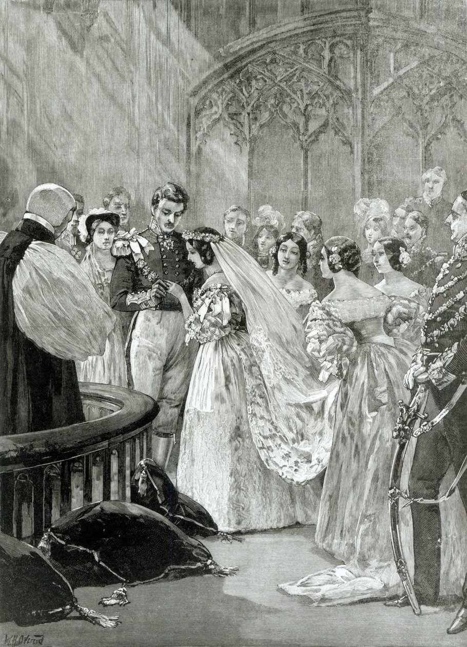 O casamento da rainha Vitória (1819-1901) e do príncipe Alberto (1819-61) no palácio St. Jamess em 10 de fevereiro de 1840, publicado em 1887 de English School
