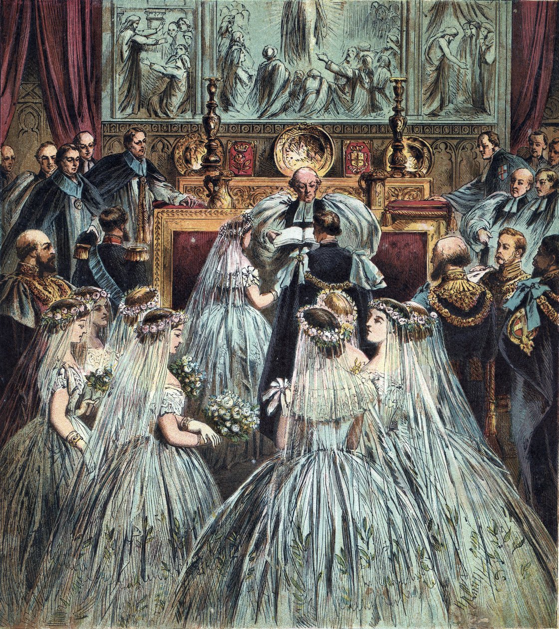 Casamento do Príncipe de Gales (que se tornou Rei Eduardo VII da Inglaterra) (1841-1910) com Alexandra da Dinamarca (Alexandra Caroline Marie Charlotte Louise Julie de Schleswig-Holstein-Sonderburg-Glucksbourg (Schleswig Holstein Sonderburg Glucksbourg) (1 de English School