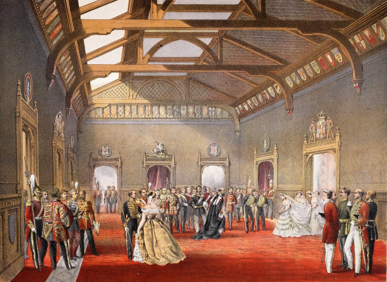 Marshalling a procissão da noiva no salão central dos apartamentos temporários, de um Memorial do casamento de Edward VII e Alexandra da Dinamarca, pub. 1864 de English School