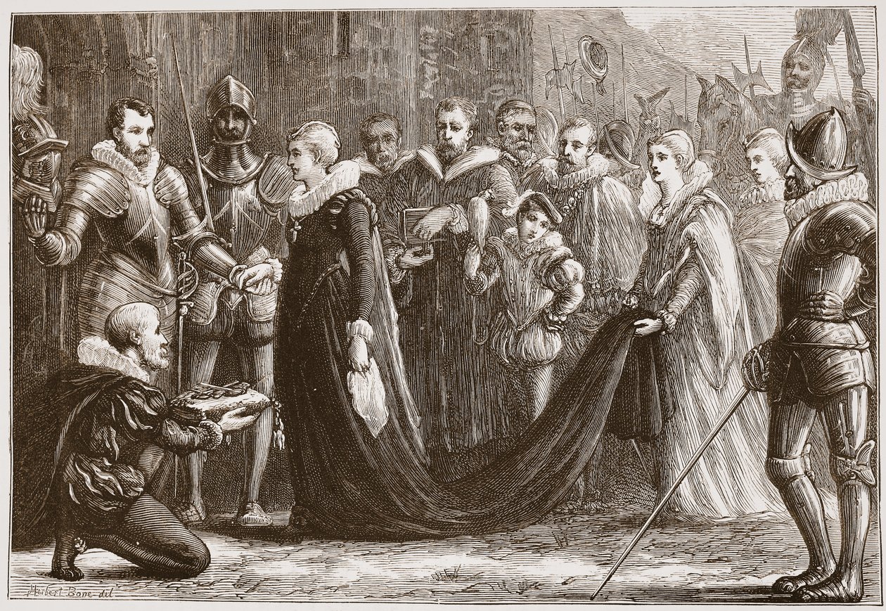 Mary Queen of Scots entrando em Holyrood, ilustração da História do Protestantismo por James Aitken Wylie (1808-1890), pub. 1878 de English School