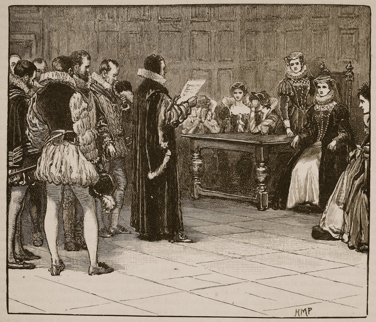 Maria, rainha dos escoceses recebendo intimação de sua desgraça, ilustração da história ilustrada de Cassells da Inglaterra (foto sépia) de English School