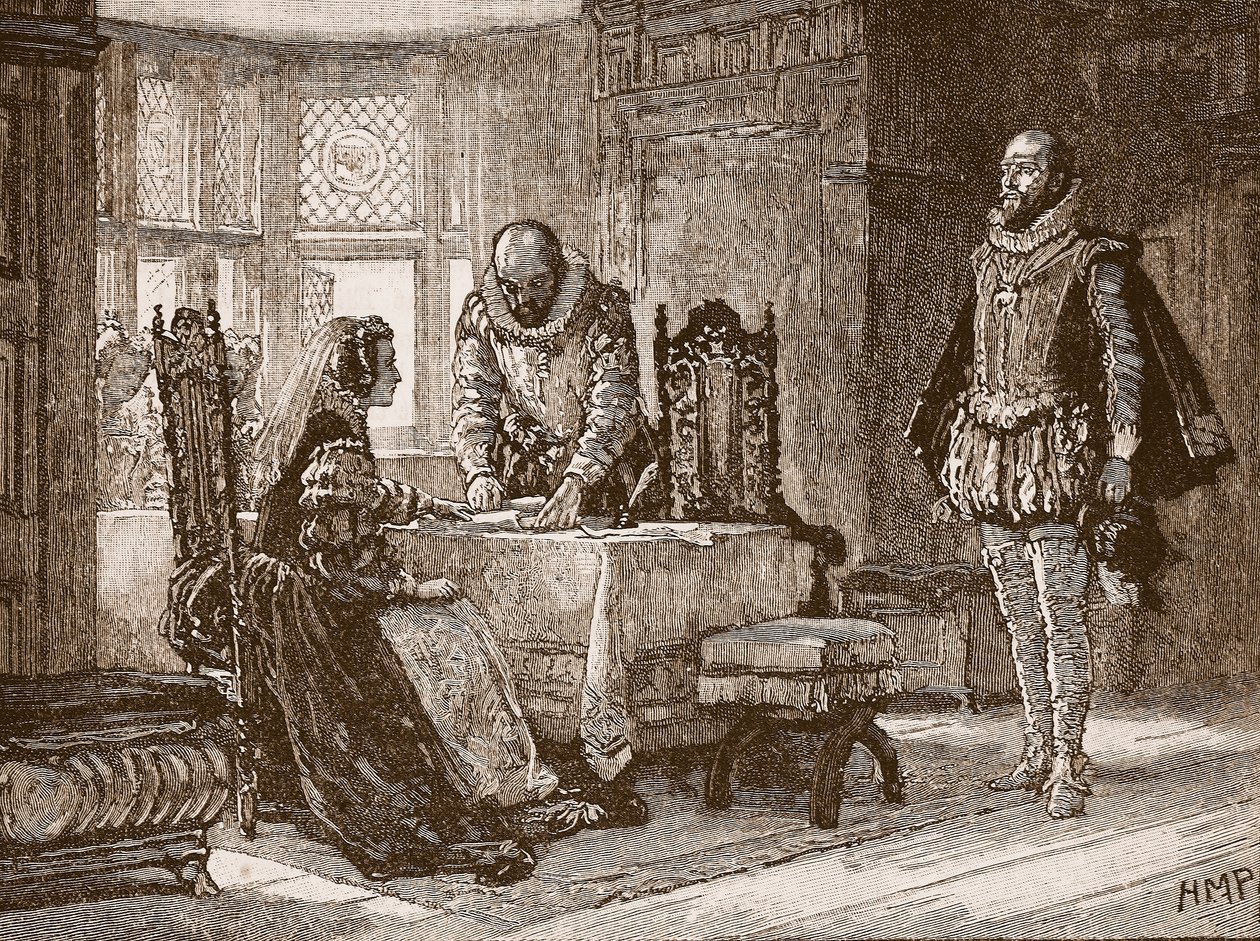 Mary, assinando o ato de abdicação no Castelo de Lochleven, ilustração da história ilustrada de Cassells da Inglaterra (foto sépia) de English School