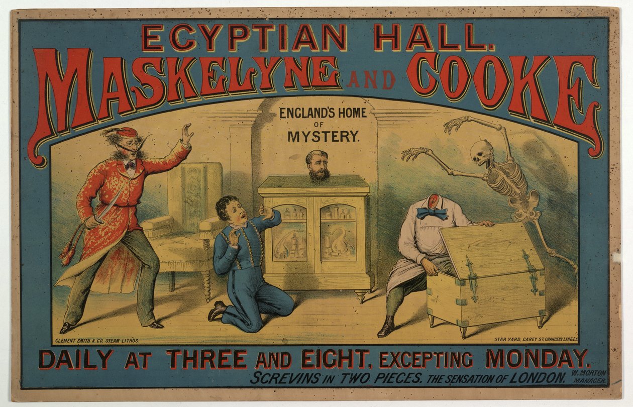 Maskelyne & Cooke no Salão Egípcio c.1880 (lito colorido) de English School