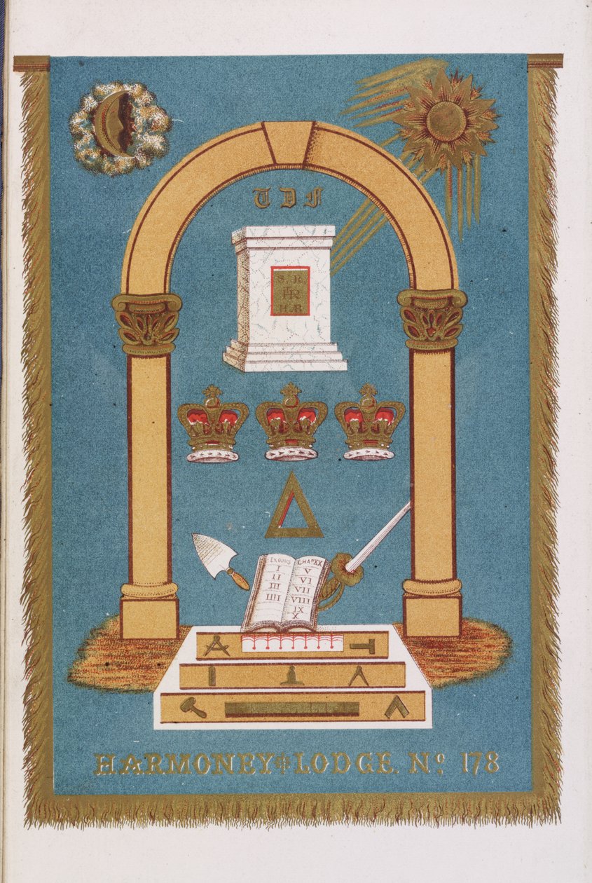 Emblema de loja maçônica mostrando pilares e vários símbolos de English School