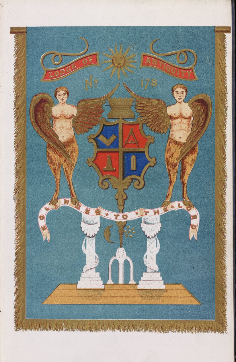 Emblema de loja maçônica mostrando o brasão de armas com anjos de English School