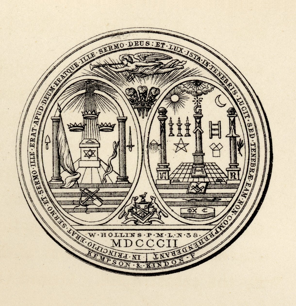 Selo maçônico, 1802, de "A História da Maçonaria, volume III", publicado por Thomas C. Jack, Londres, 1883 de English School