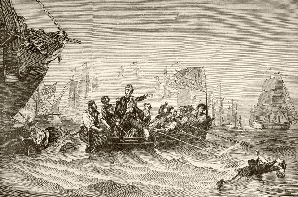 Transferência do comandante Oliver Hazard Perry do brigue americano Lawrence para o brigue americano Niagra durante a Batalha do Lago Erie (litografia) de English School
