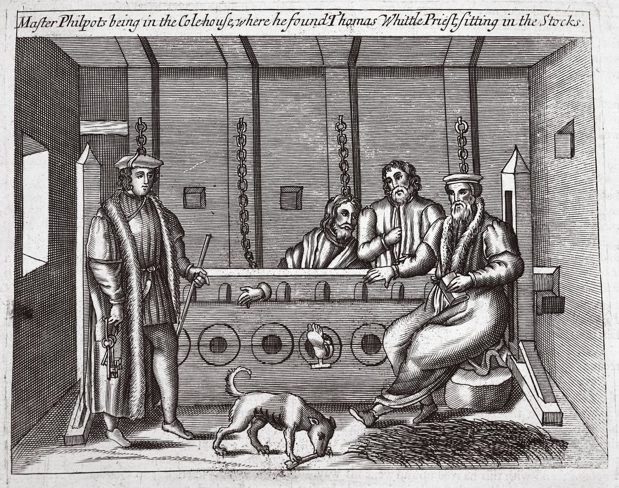 Master Philpots estava no Colehouse, onde encontrou Thomas Whittle, padre, sentado nos estoques, ilustração de Atos e Monumentos de John Foxe, nona edição, pub. 1684 de English School