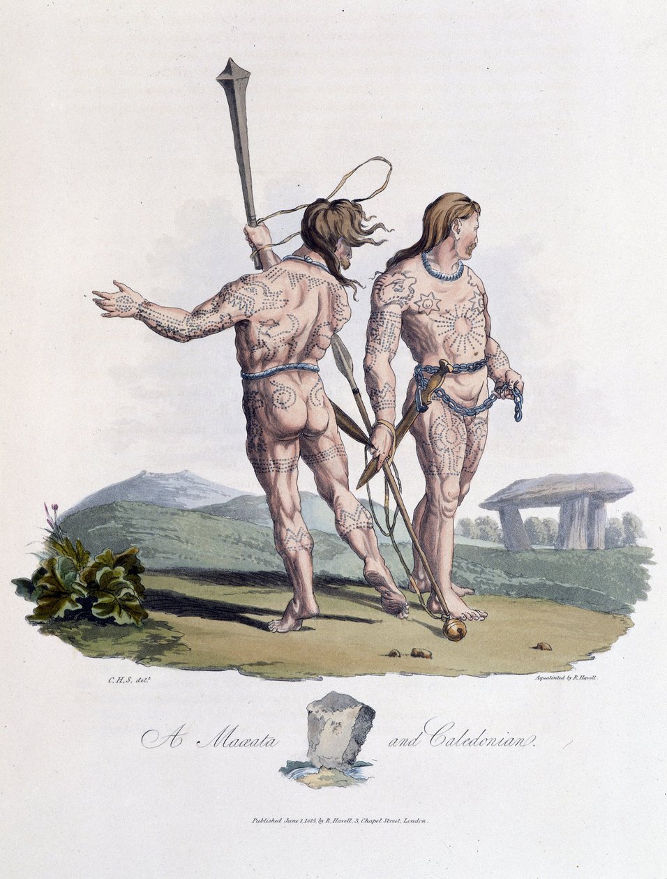 Maxata e Caledonian com corpo pintado - em "Celts and Goths, costumes dos habitantes das Ilhas Britânicas do início do século VI e das nações góticas da costa ocidental do Báltico", por S.R. Meyrick e Ch. Smith de English School