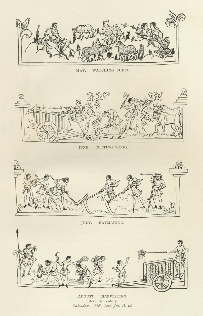 Maio, junho, julho e agosto, do calendário e do Hymnal de Julius, ilustração da história dos povos ingleses de English School