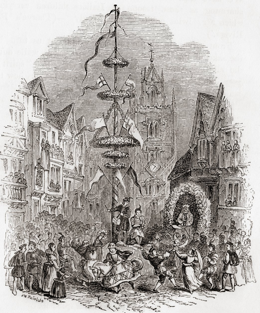 Dança do mastro em frente à Igreja de St Andrew Undershaft, Londres, Inglaterra, no século XIX, de Old England: A Pictorial Museum, pub. 1847 de English School