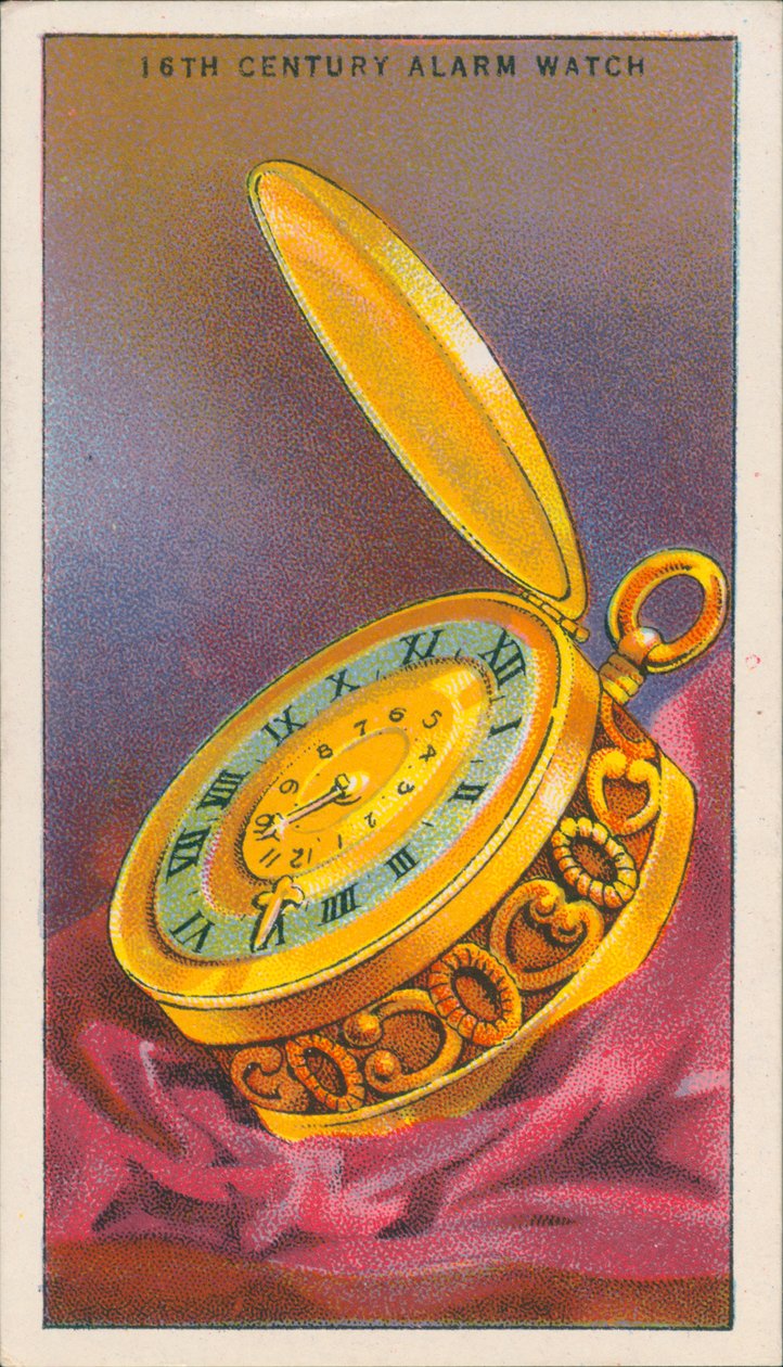 Medição do tempo: relógio com alarme (litografia a cores) de English School