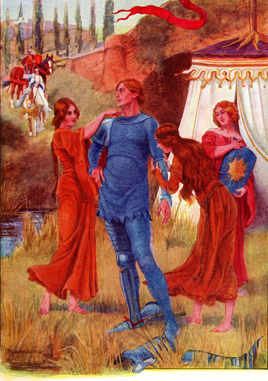 Cavaleiro medieval, Estrela da Manhã, preparado para a batalha. Ilustração a cores da história de Gareth e Lynette do livro The Gateway to Tennyson, publicado em 1910. de English School