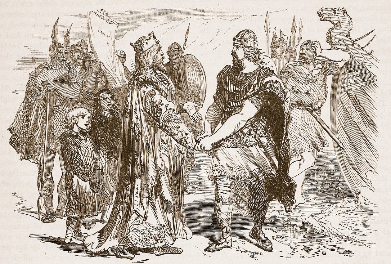 Encontro de Edmund Ironside e Canute na Ilha de Alney no Severn em 1016, ilustração de Cassells Illustrated History of England (foto em sépia) de English School