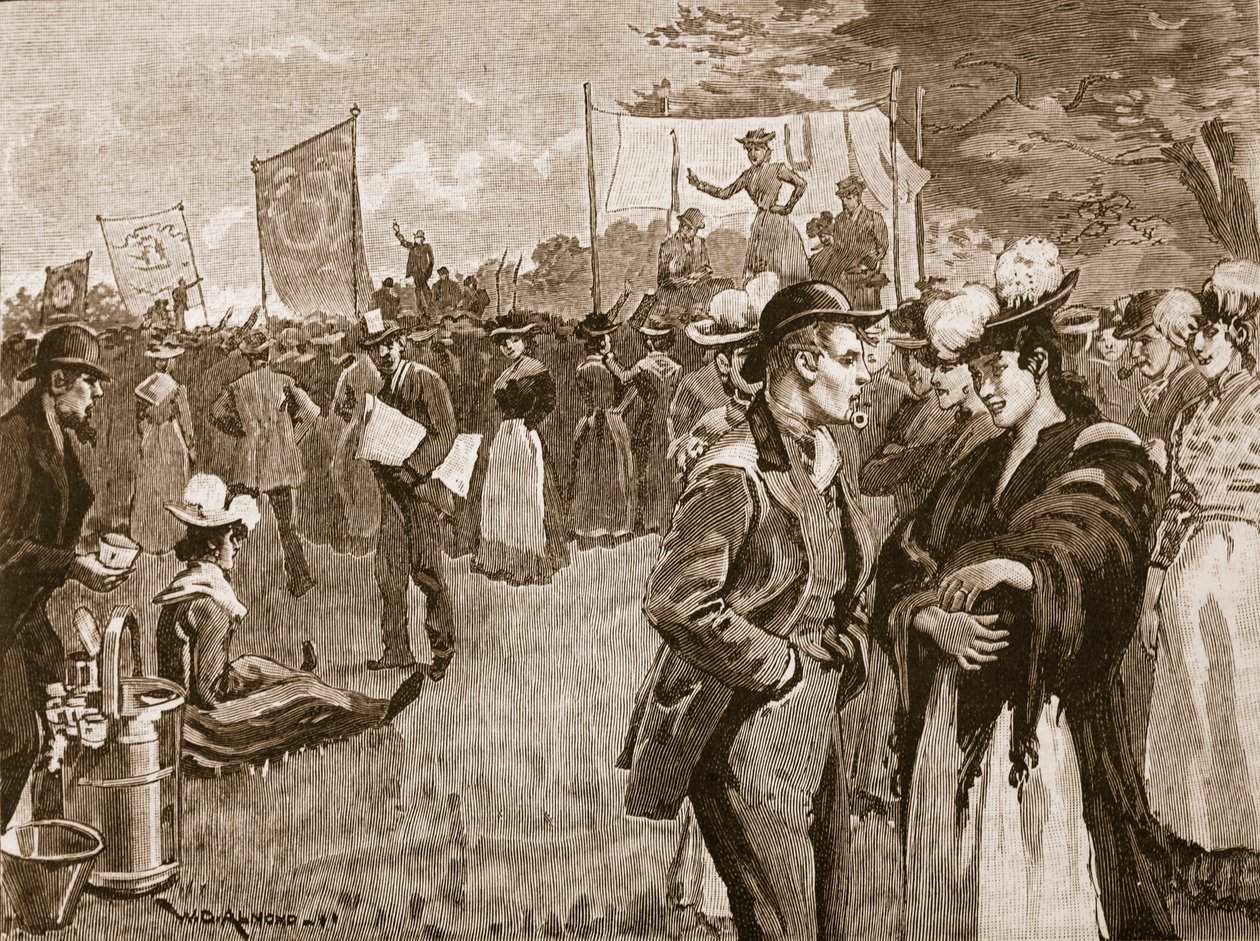 Reunião de lavadeiras no Hyde Park, 1891, ilustração da história ilustrada de Cassells da Inglaterra (foto sépia) de English School
