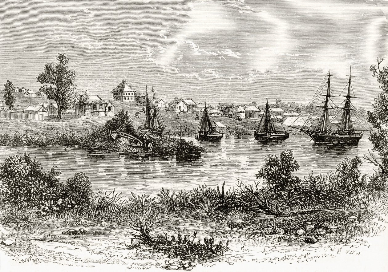 Melbourne, 1840, de "Australian Pictures", de Howard Willoughby, publicado pela Religious Tract Society, Londres, 1886 de English School
