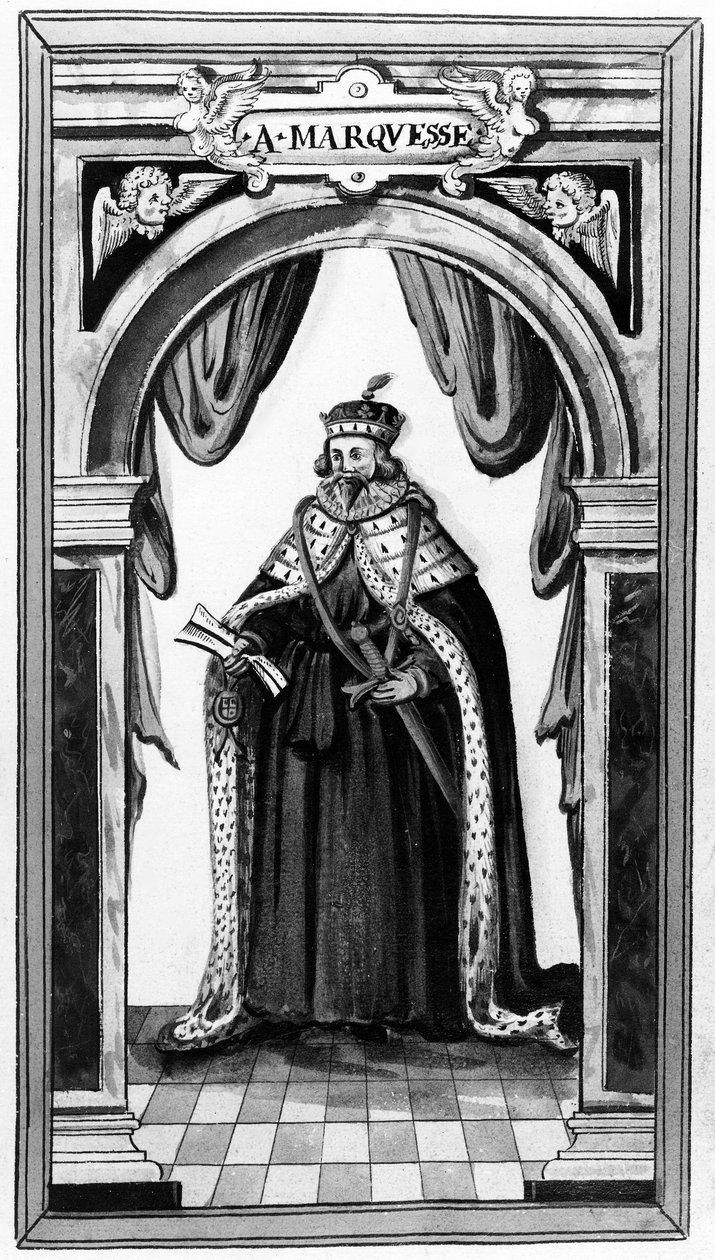 Membro da Ordem da Jarreteira e Servo Real e Valioso de Carlos I e II, tirado da série Walkers Arms of Nobility, de Sir Edward Walker, do século XVII (mezzotint) de English School