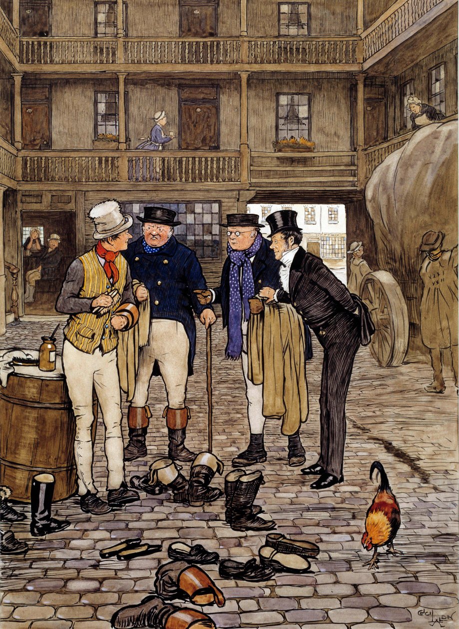 Os membros do clube Pickwick encontram-se com Sam Willer Ilustração das obras de Charles Dickens (1812-1870) da escola inglesa. 1837 Coleção particular de English School