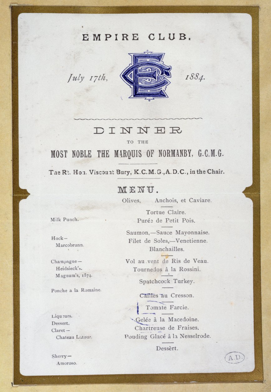 Menu do Empire Club, 17 de março de 1884 de English School