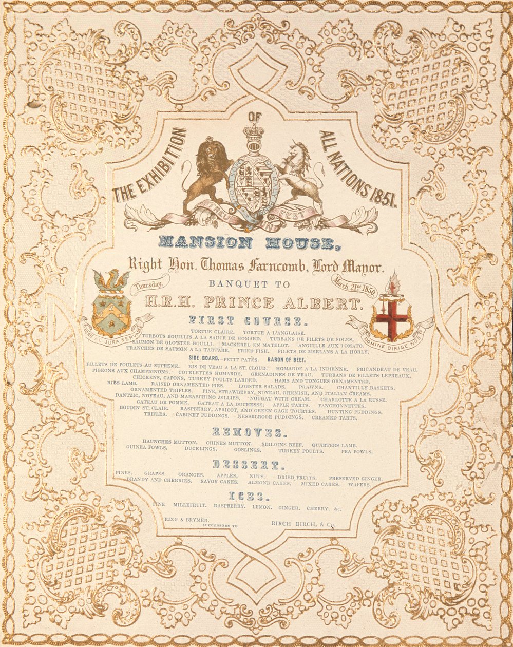 Menu de banquete para o príncipe Albert na mansão, para marcar a grande exposição de todas as Nações, Londres, 1851 de English School