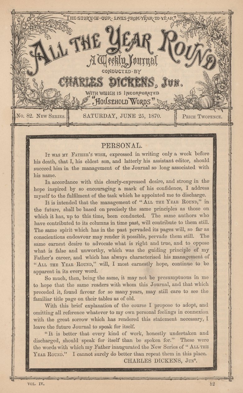 Mensagem de Charles Dickens Júnior no semanário All The Year Round, após a morte do seu pai de English School
