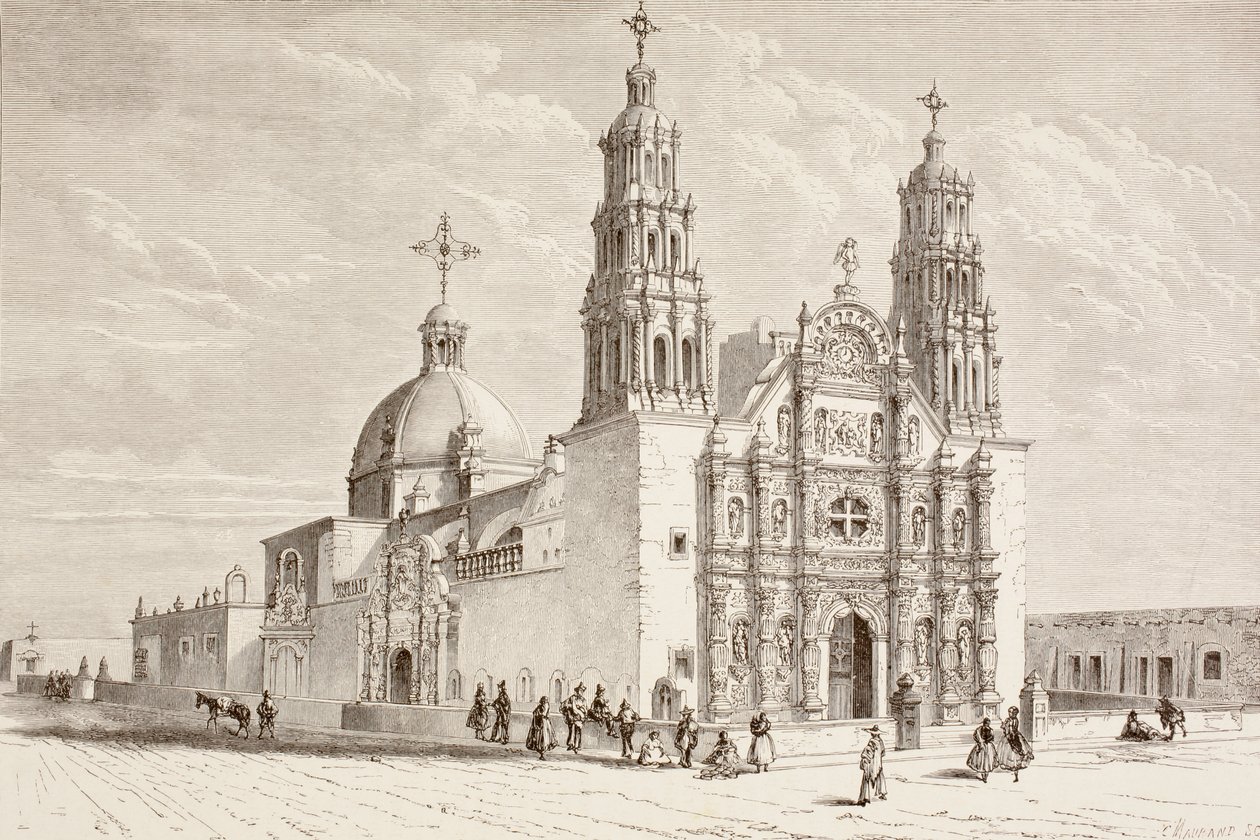 Catedral metropolitana na Plaza de Armas, Chihuahua, México, no século XIX (litografia) de English School