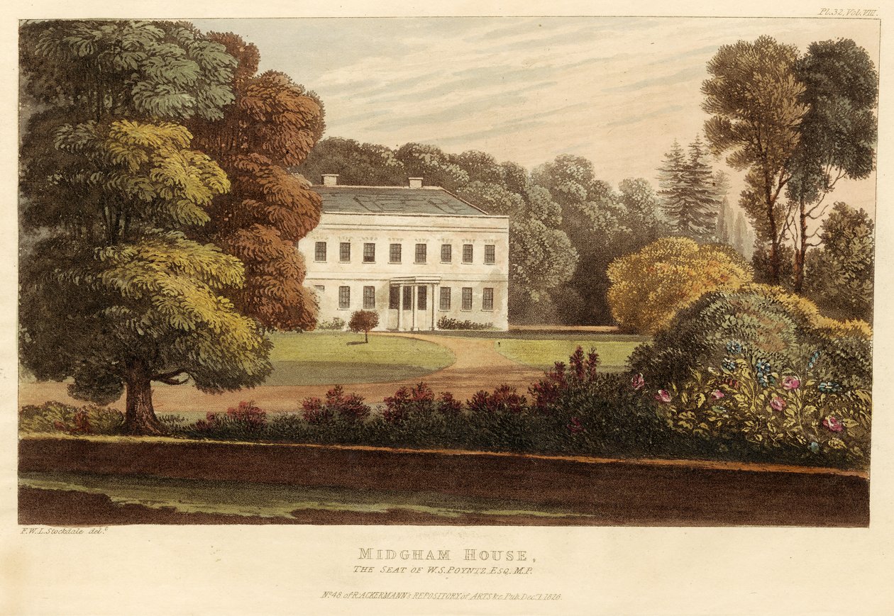 Midgham House, a sede de W.S. Poyntz, Esq., M.P., pub. 1826 (gravura colorida) de English School