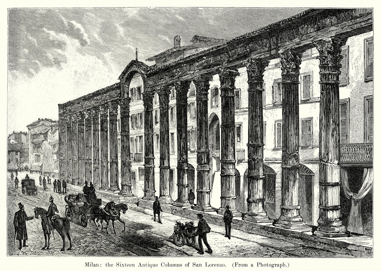Milão: as dezasseis colunas antigas de San Lorenzo (gravura) de English School