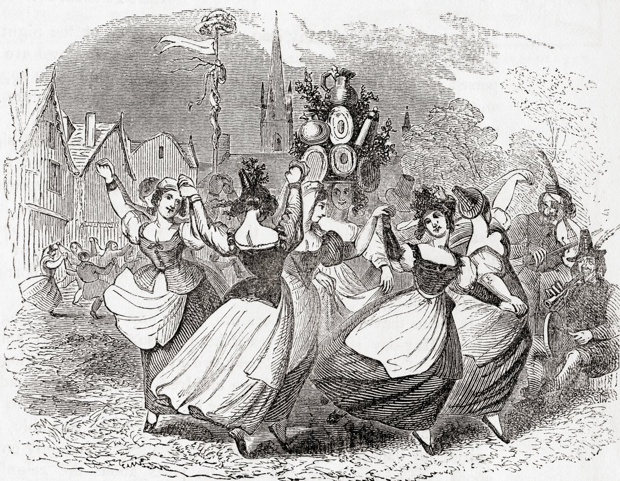 Dança da leiteira, com uma pilha de pratos, Dia de maio, Inglaterra, de Old England: A Pictorial Museum, pub. 1847 de English School