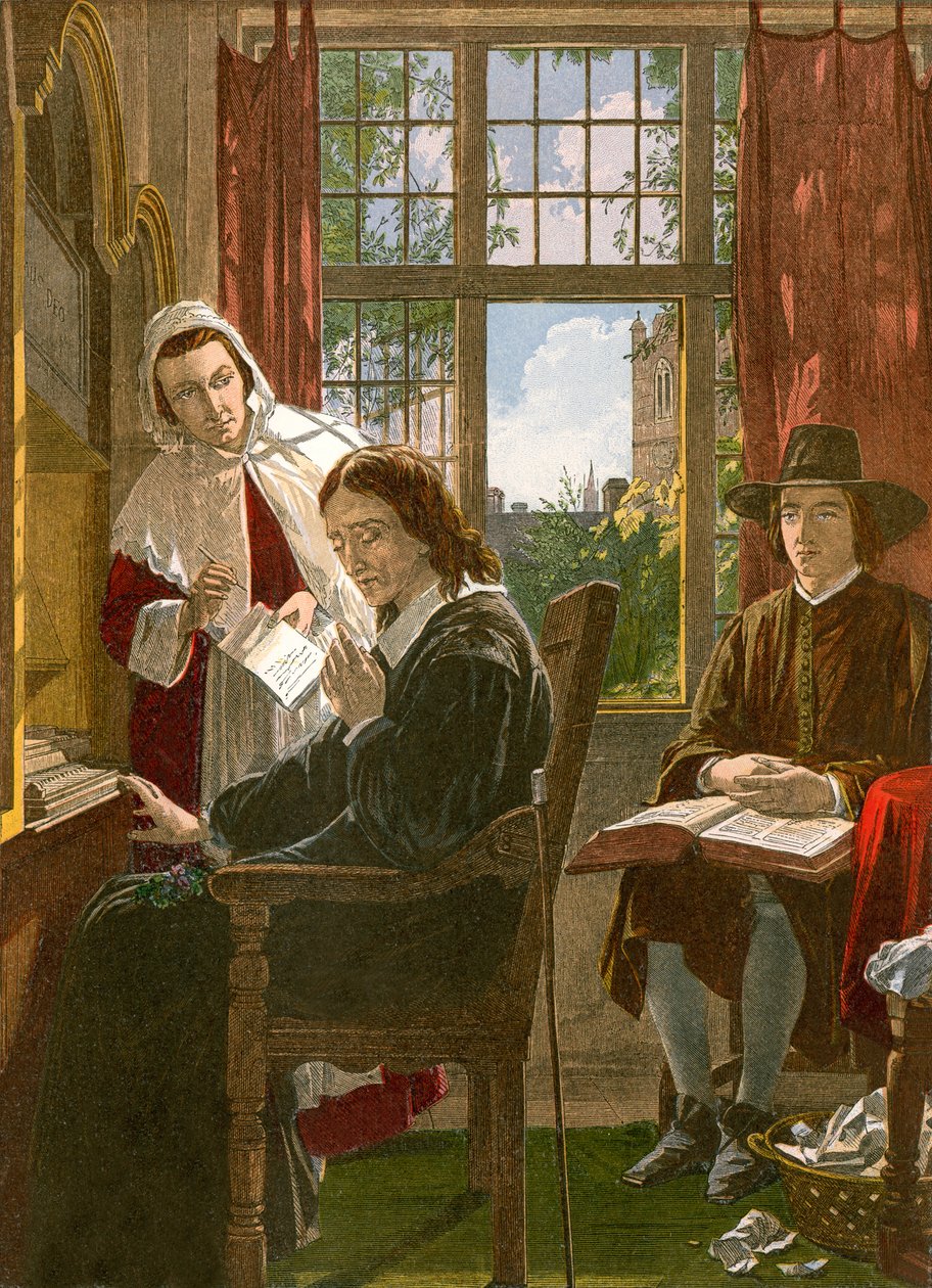Milton ditando "Samson Agonistes" (gravura colorida) de English School