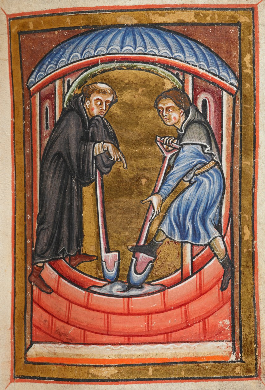 Miniatura de Cuthbert cavando um poço de água com um monge para o seu eremitério na ilha de Farne, do capítulo 18 da prosa de Bede Vida de São Cuthbert. de English School